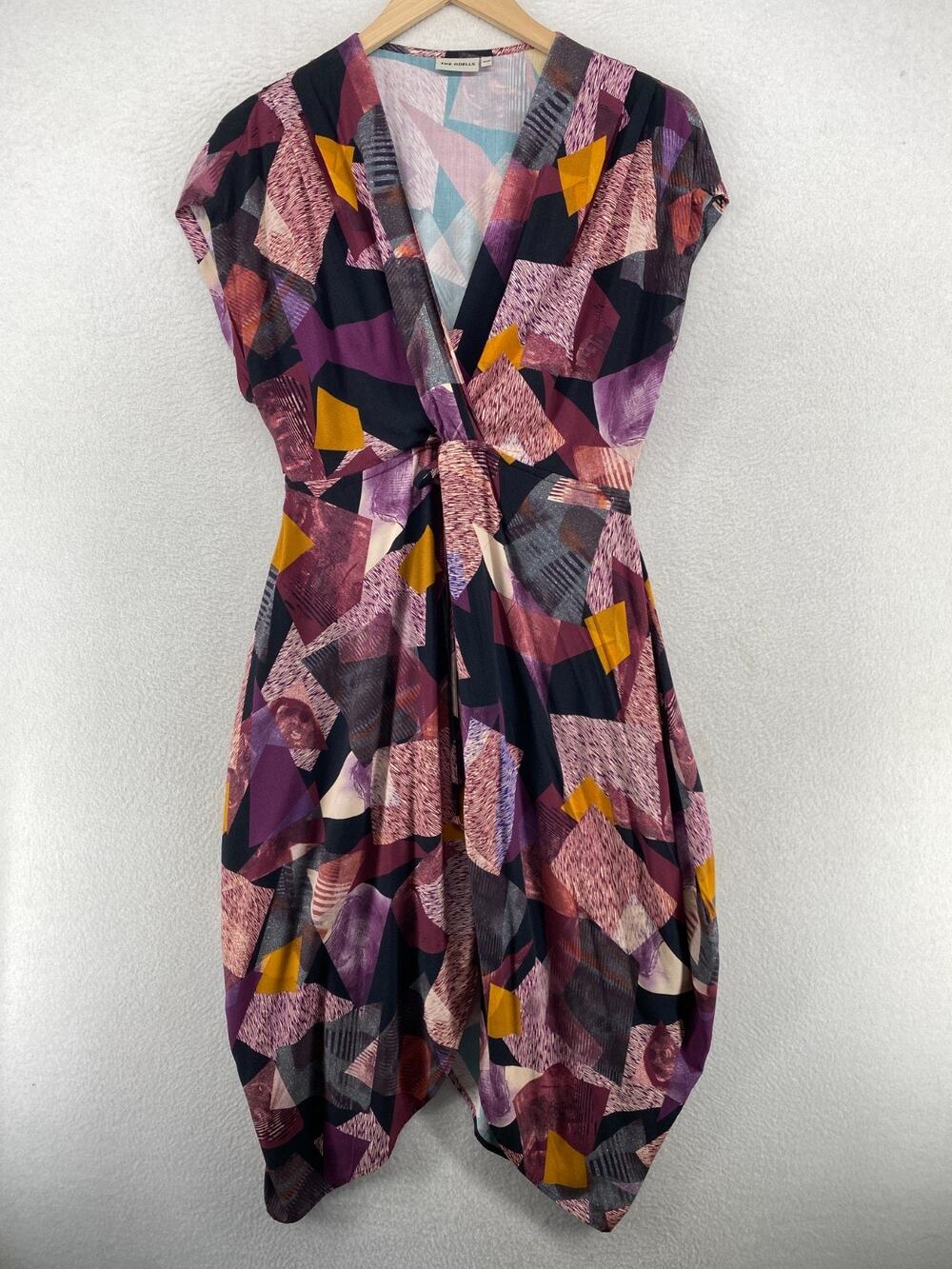 THE ODELLS Dress PXS ANTHRO Geometric Tulip Hem Asymmetric Tie Front Boho Purple